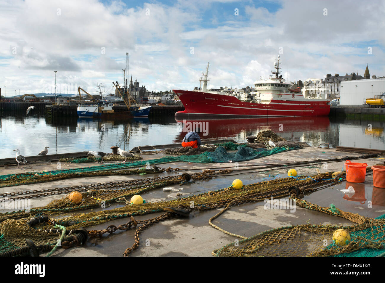 fraserburgh harbour commercial nets boats vessels Stock Photo