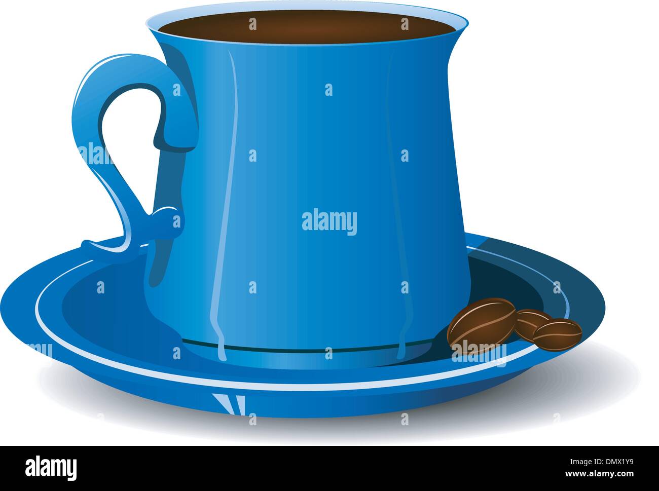 Blue cup with coffee beans on a platter. vector Stock Vector