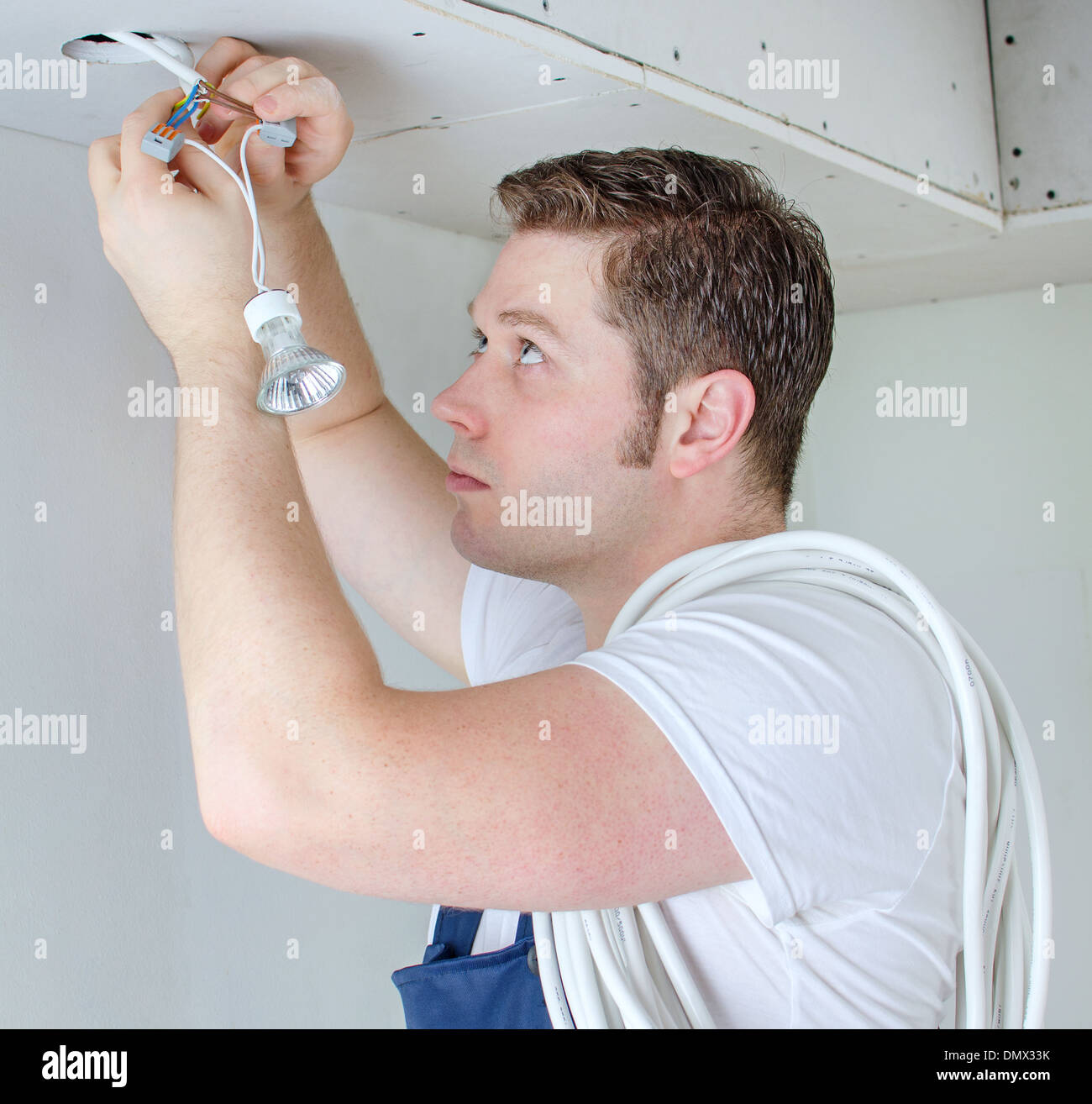 Certified electrician installing socket for light bulb Stock Photo Alamy
