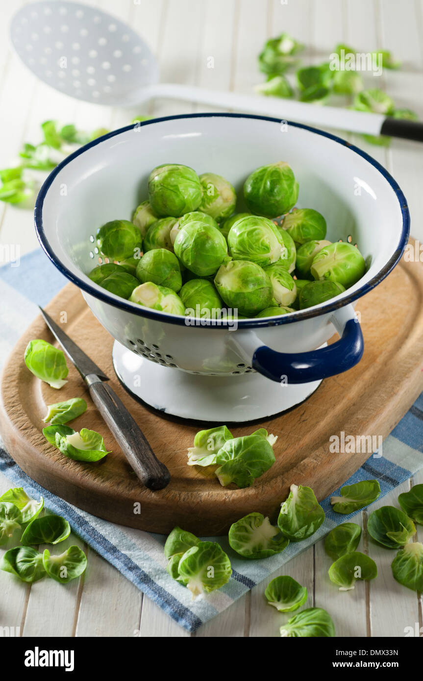Brussels sprouts in a colander Stock Photo