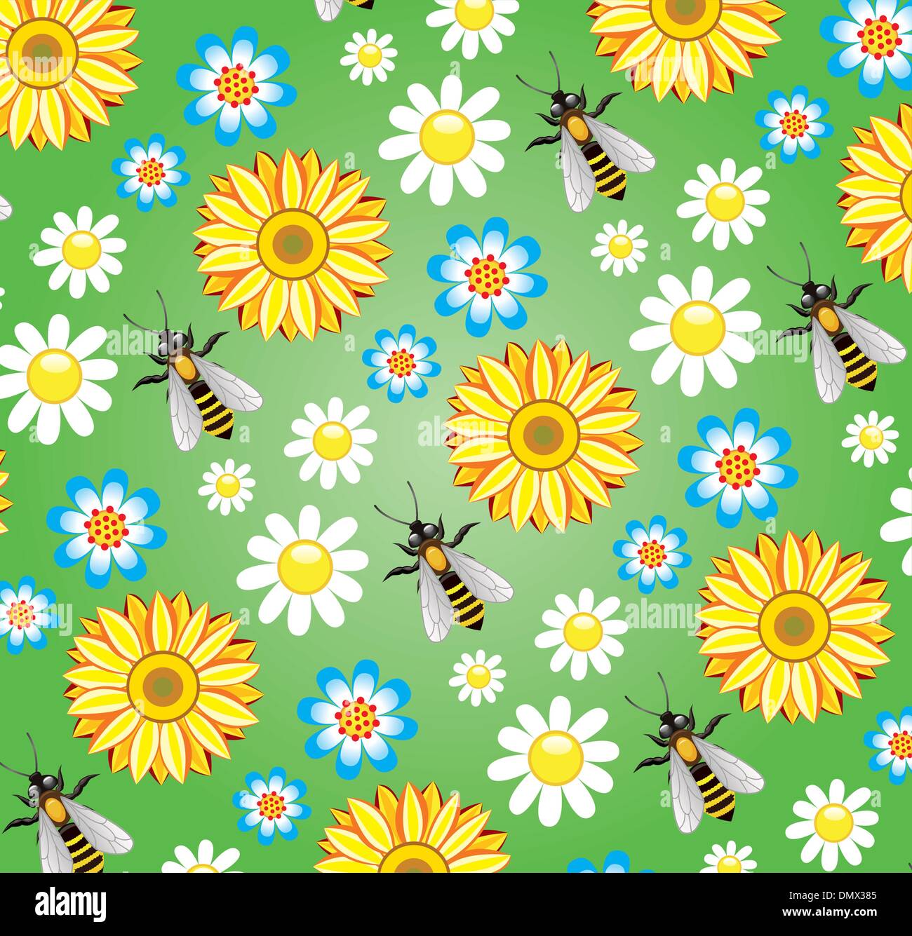 vector seamless background with bees and flowers Stock Vector