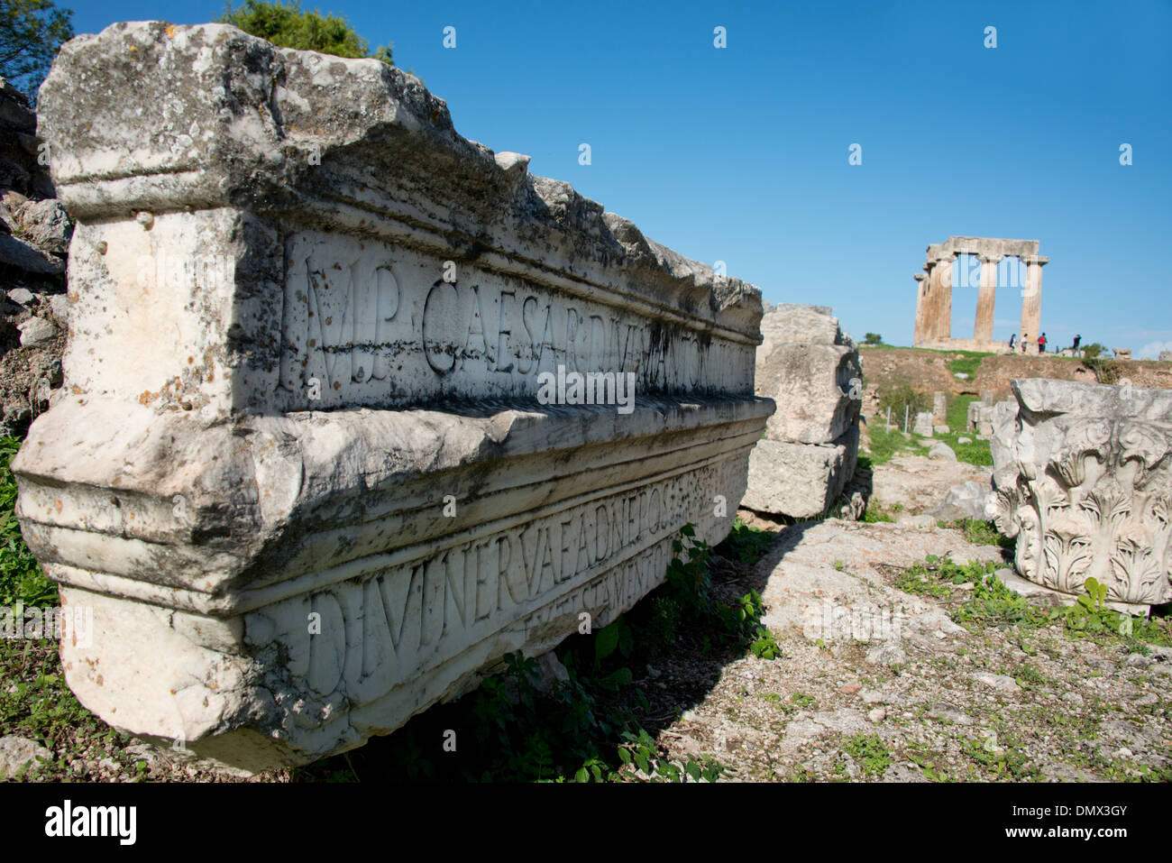 Greece, Corinth, Ancient Corinth. Detail of carved marble. Stock Photo