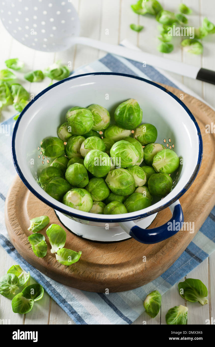 Brussels sprouts in a colander Stock Photo
