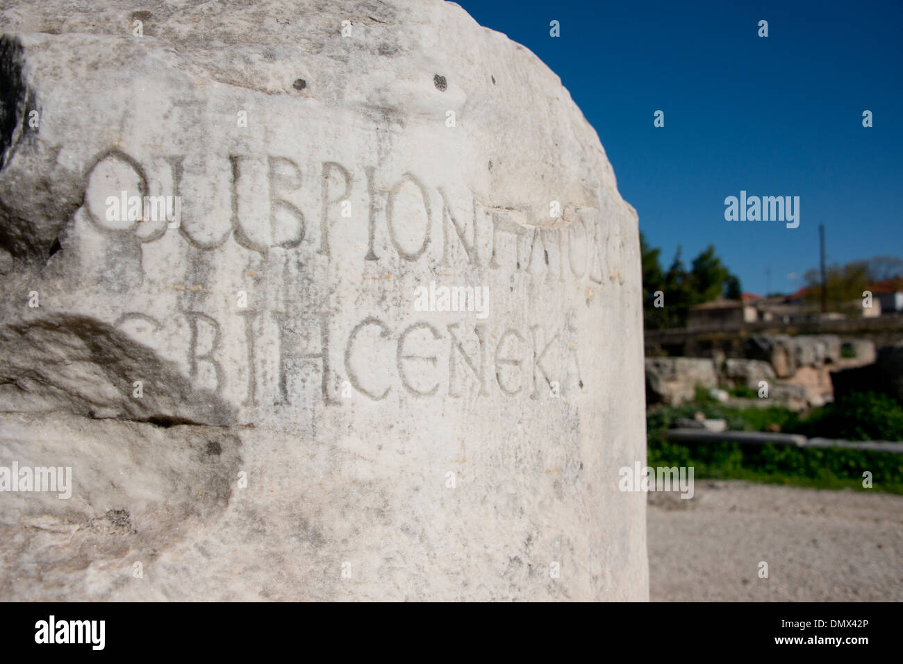 Greece, Corinth, Ancient Corinth. Carved text on marble. Stock Photo