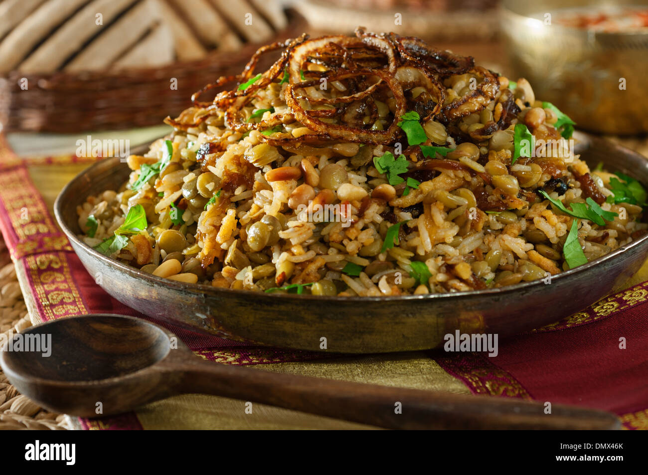 Mujadara. Rice and lentil dish. Middle East Food Stock Photo