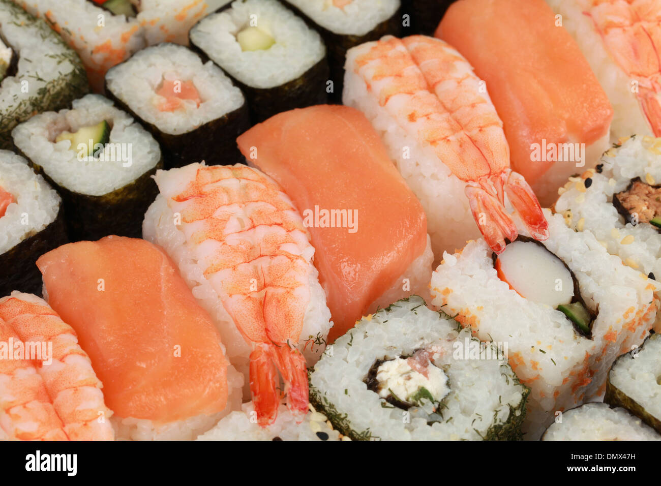 Choice of Japanese Sushi with rice, salmon and vegetables Stock Photo