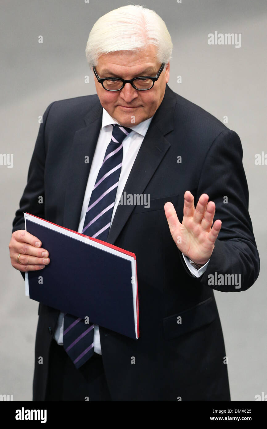 Berlin, Berlin. 17th Dec, 2013. German Foreign Minister Frank-Walter Steinmeier attends the meeting of Bundestag, Germany's lower house of parliament, in Berlin, Germany on Dec. 17, 2013. German new government headed by Chancellor Angela Merkel was sworn into office on Tuesday to rule Europe's biggest economy for the next four years. Cabinet ministers of the new coalition government, are formed by Merkel's Christian Democratic Union (CDU), its Bavarian sister party Chrisitian Social Union (CSU), and the Social Democrats (SPD). Credit:  Zhang Fan/Xinhua/Alamy Live News Stock Photo