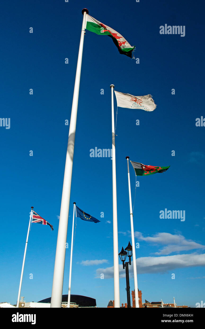 National Flags and Flag Poles Cardiff Bay south Wales UK Stock Photo