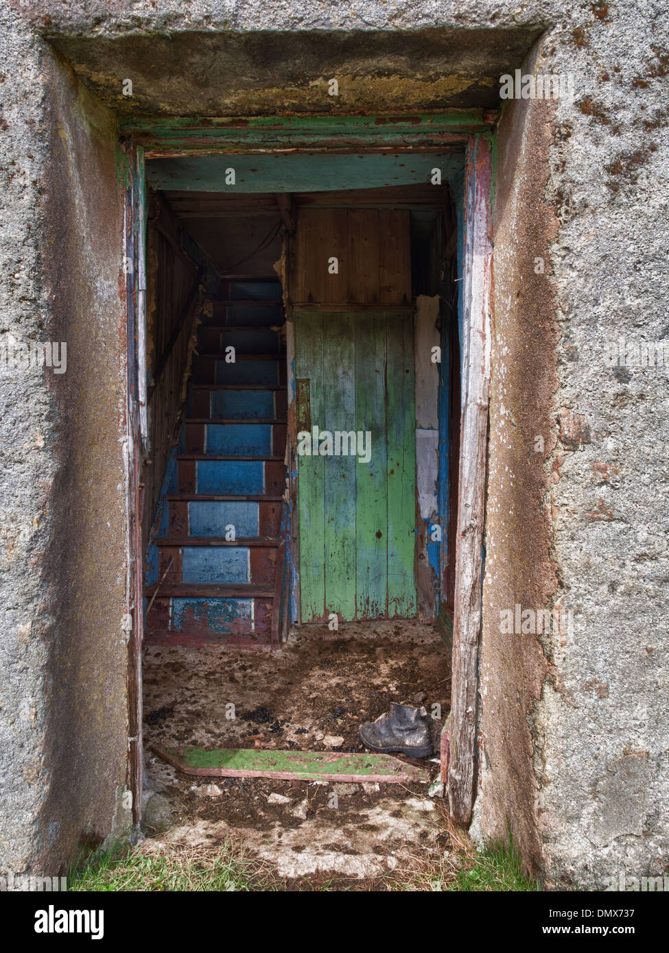 Doorway and Stairs in Abandoned Croft House, Isle of Lewis Stock Photo