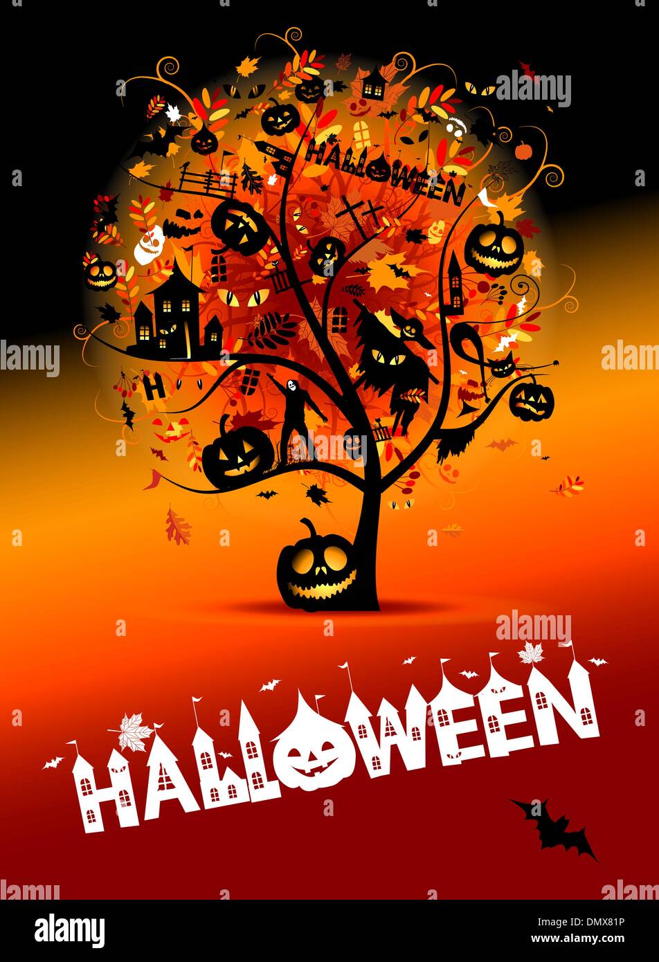 Halloween night party, concept tree for your design Stock Vector