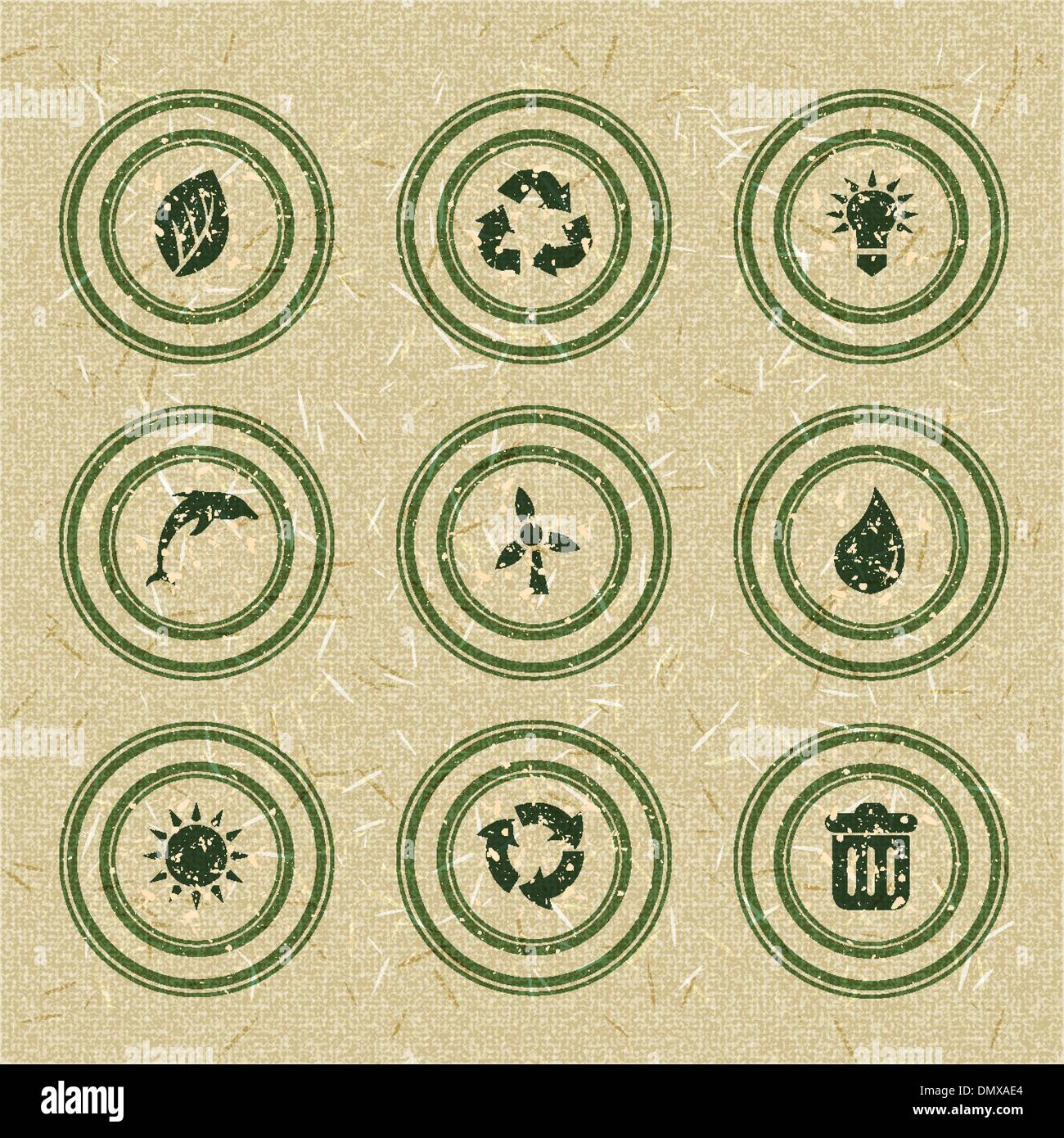 Ecology icons: green stamps on recycled paper Stock Vector