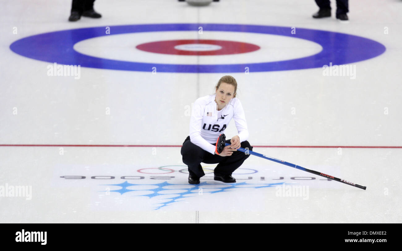 Feb 13, 2006; Turin, ITALY; Norway came from behind to defeat the U.S. women's curling team 11 - 6 in their opening round match Monday afternoon at the Palaghiaccio in Pinerolo. Pictured: Jamie Johnson watches the stone after she released her shot in the seventh end, the turning point in the match with Norway Monday afternoon. Mandatory Credit: Photo by Jeff Wheeler/Minneapolis Sta Stock Photo