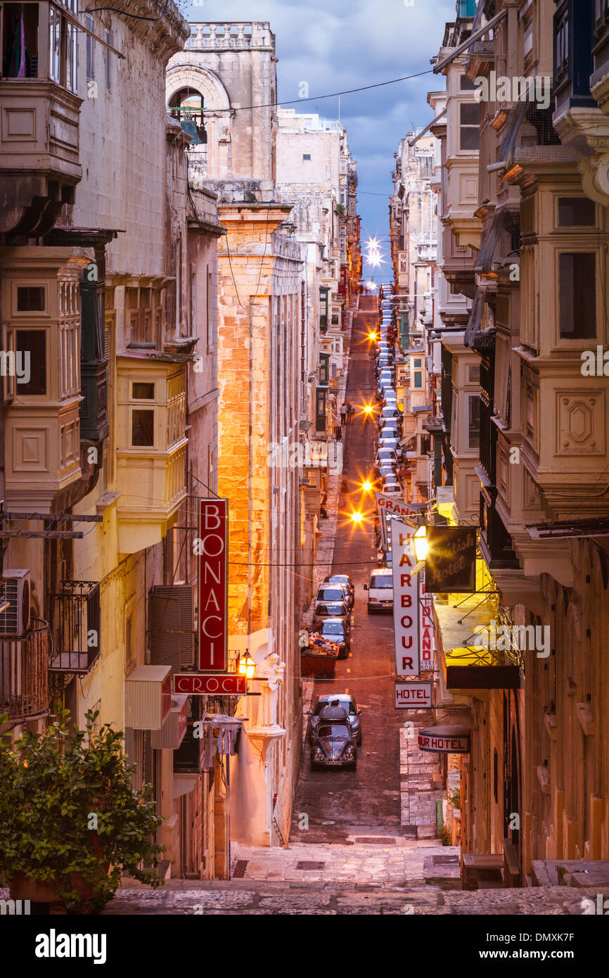 St. Ursula Street with typical oriel windows, Valletta, Malta. Stock Photo