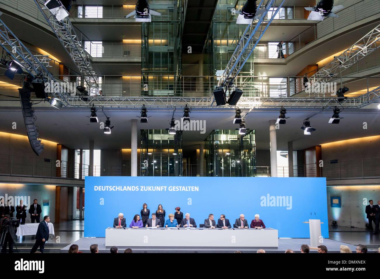 Dec. 16, 2013 - Merkel, CDU Chairman, Seehofer, CSU chairman and Gabriel, SPD Chairman sign the coalition agreement at Paul LÌÄå¦be Haus in Berlin. / Picture: Frank-Walter Steinmeier (SPD), chairman of the SPD parliamentary group, Andrea Nahles (SPD), SPD Secretary General and MdB, Sigmar Gabriel (SPD), SPD Chairman, Angela Merkel, German Chancellor, Horst Seehofer (CSU), CSU chairman and Minister-President of Bavaria, Hermann Groehe (CDU), CDU General Secretary, Alexander Dobrindt (CSU), CSU secretary general, Volker Kauder (CDU), chairman of the CDU parliamentary group Stock Photo