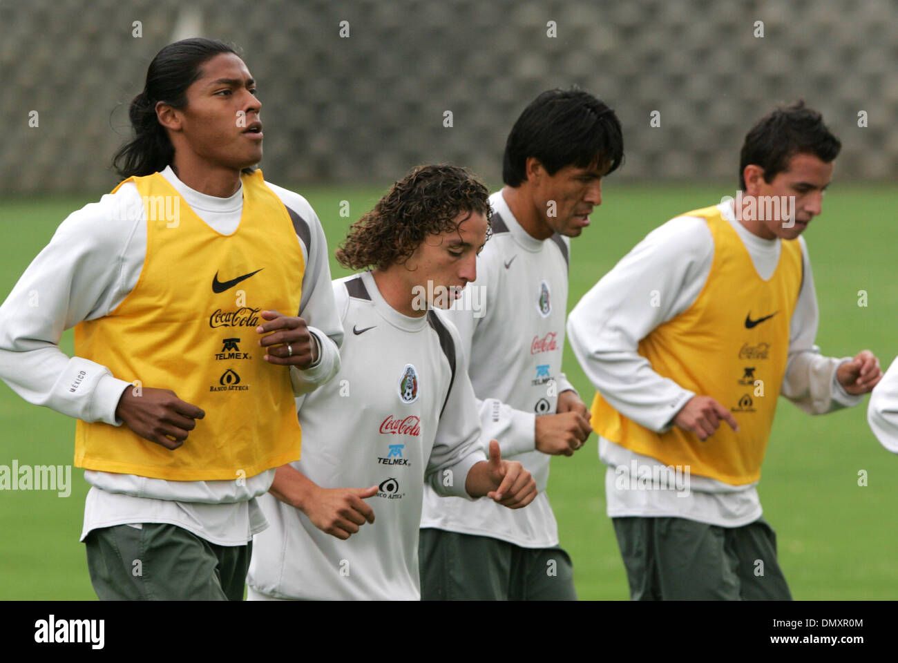 Mar 27, 2006; Mexico City, MEXICO; SOCCER: Mexico soccer team players Joel Huiqui (L-R), Andres Guardado, Claudio Suarez and Mario Mendez run during a training session at the Centro Pegaso training center. Mandatory Credit: Photo by Javier Rodriguez/ZUMA Press. (©) Copyright 2006 by Javier Rodriguez Stock Photo