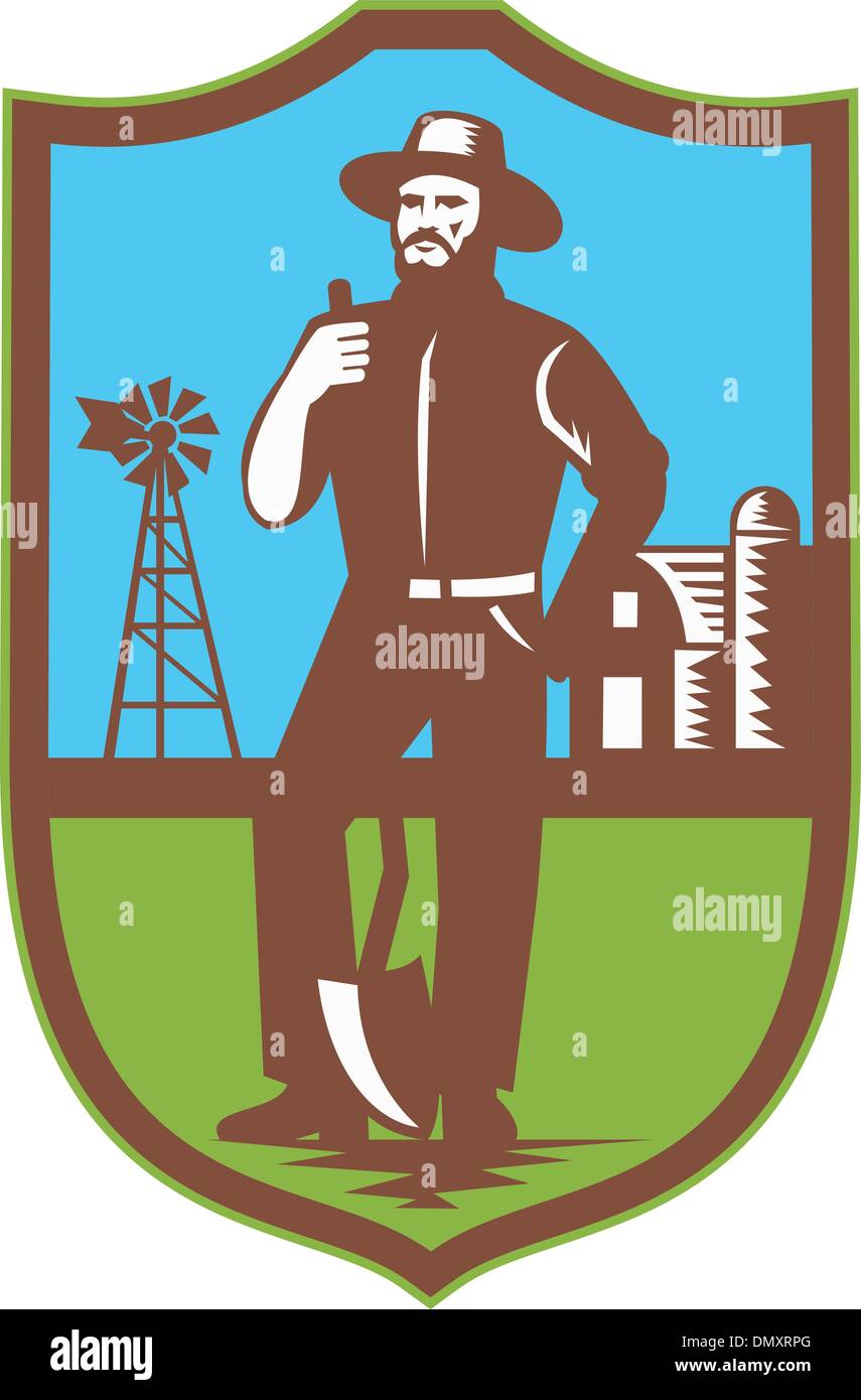 Farmer With Spade Windmill Farm Barn Retro Stock Vector Image & Art - Alamy