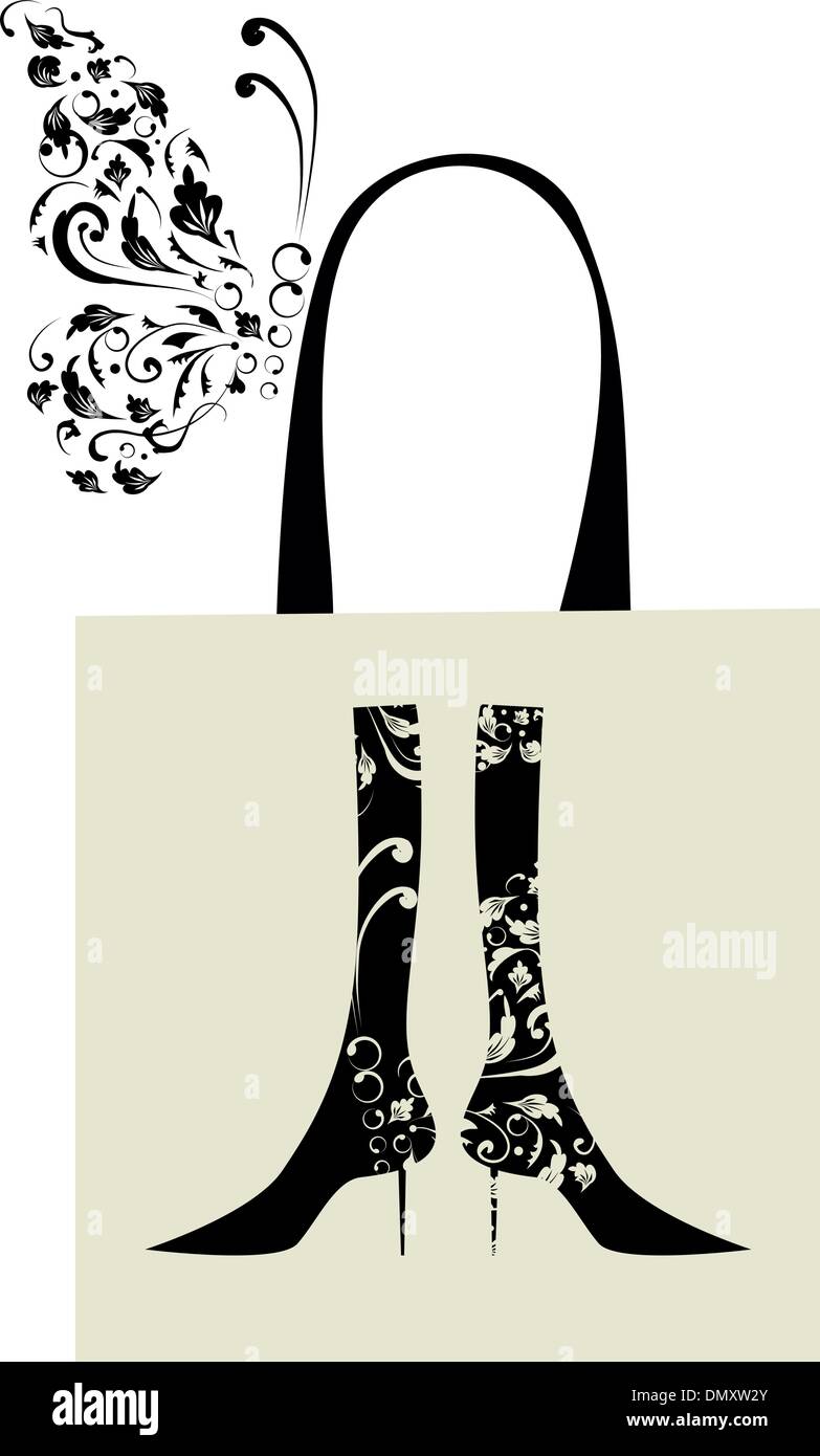 Fashion design of female boots with floral ornament, shopping bag Stock Vector