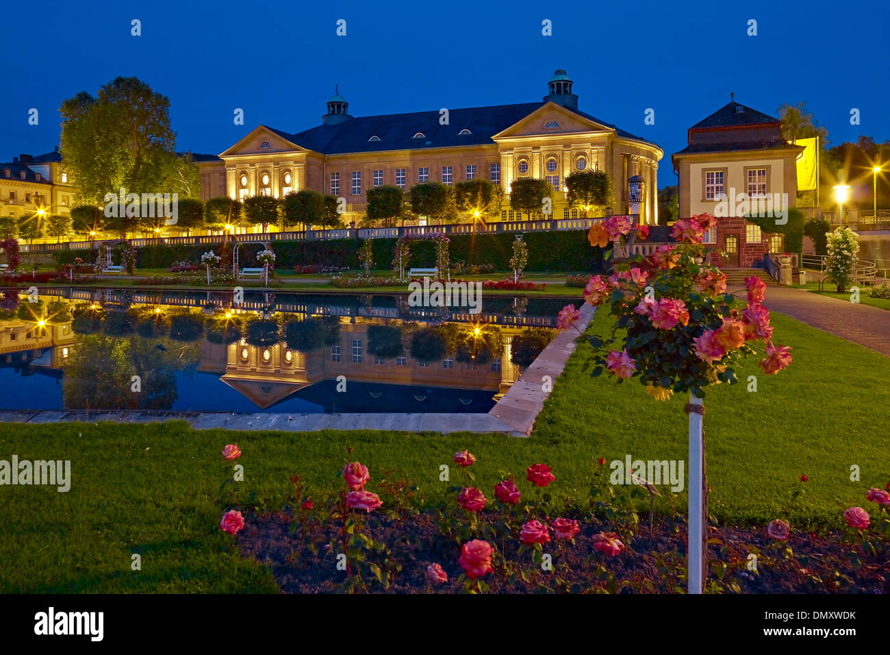 Rose Garden with the Regentenbau in Bad Kissingen, Lower Franconia, Bavaria, Germany Stock Photo