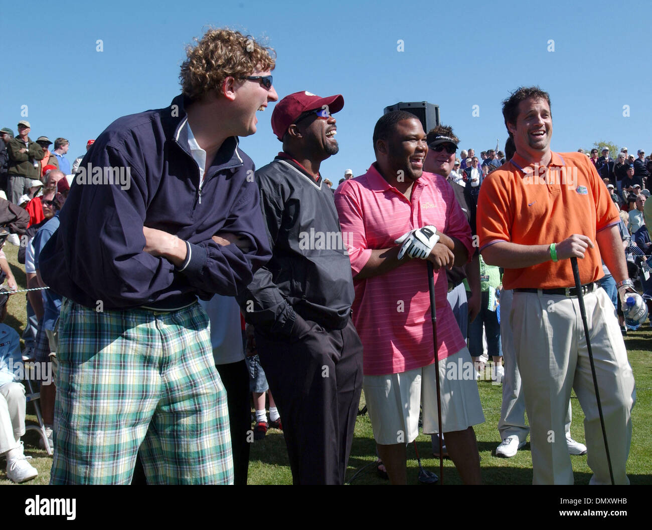 Apr 10, 2006; Myrtle Beach, SC, USA; (L-R) Musician MARK BRYAN and DARIUS RUCKER of Hootie and the Blowfish, actor ANTHONY ANDERSON of 'Hustle & Flow' and musician ANDREW COPELAND of Sister Hazel share a laugh before play at the 2006 Hootie and the Blowfish Celebrity Pro-Am Golf Tournament Monday After The Masters Charity Tournament. The tournament raises money for the The Hootie a Stock Photo
