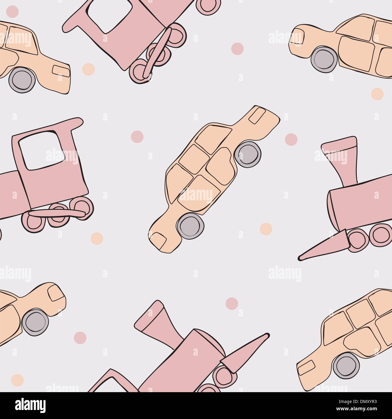 Seamless texture with children's cars and locomotives Stock Vector