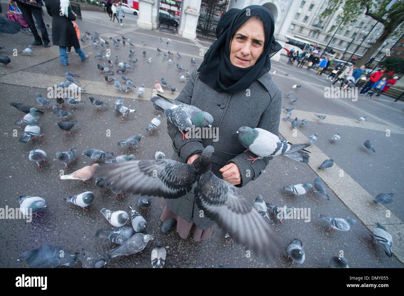 London, UK, UK. 17th Dec, 2013. A Romanian women feeds pigeons at Marble Arch. On January 1st 2014, Romanian and Bulgarian workers will have the same work rights as British citizens. Under ''transitional'' rules introduced when these two countries joined the EU in 2007, they could only work in the UK doing seasonal jobs such as fruit picking or if they are self-employed. © Gail Orenstein/ZUMAPRESS.com/Alamy Live News Stock Photo