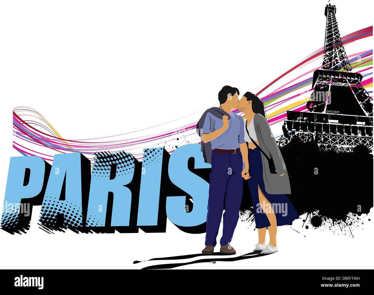 3D word Paris on the Eiffel tower grunge background with kissing Stock Vector