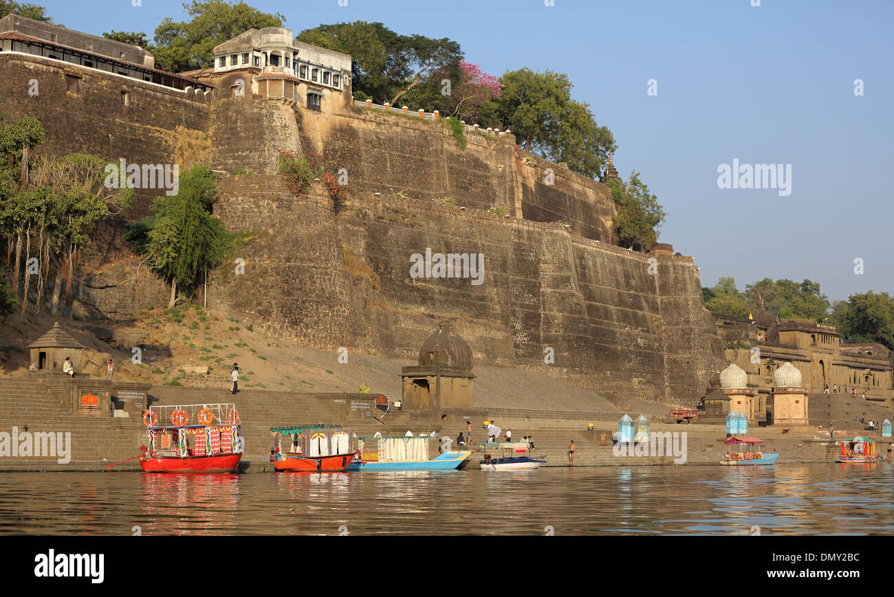 Temples at the Narmada River Maheshwar Madhya Pradesh India Stock Photo