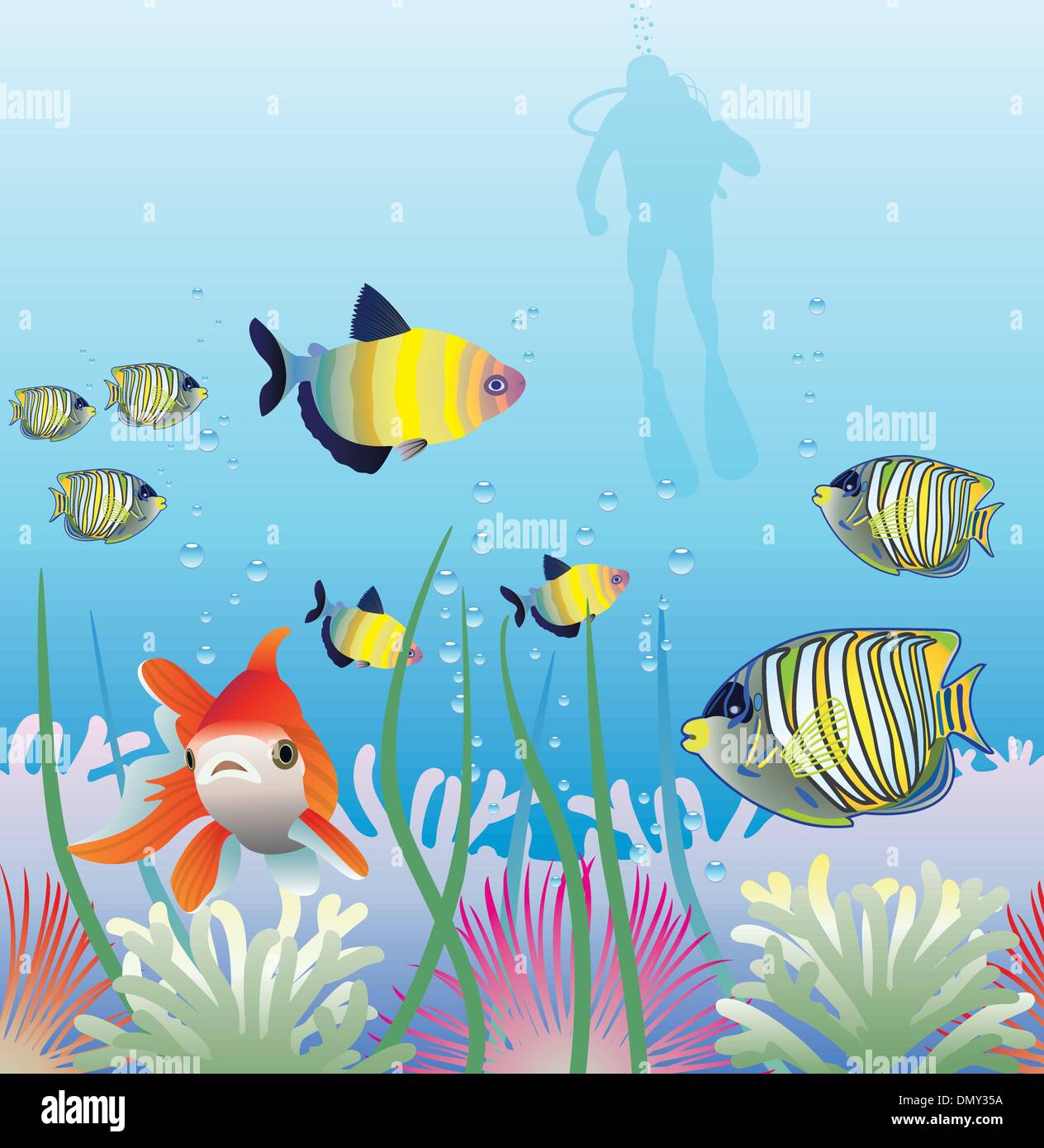 vector of tropical fishes and scuba diver Stock Vector