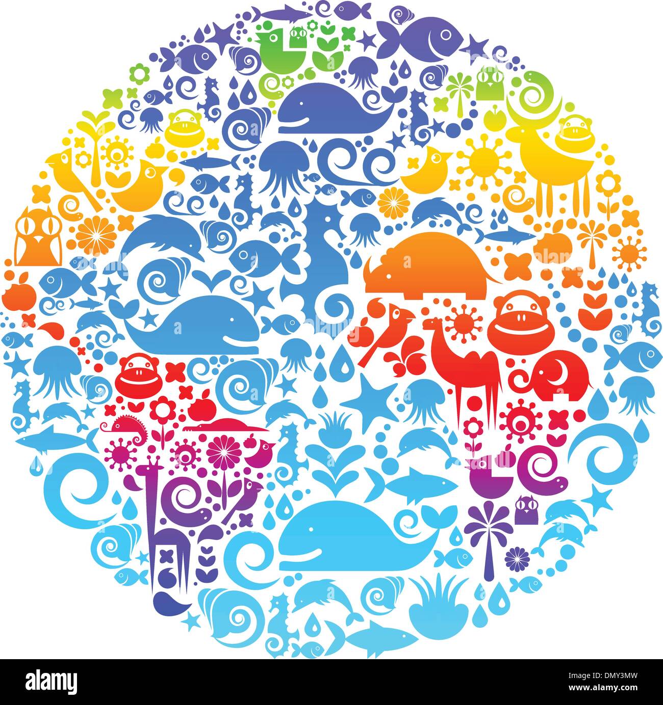 Globe outline made from birds, animals and flowers icons Stock Vector
