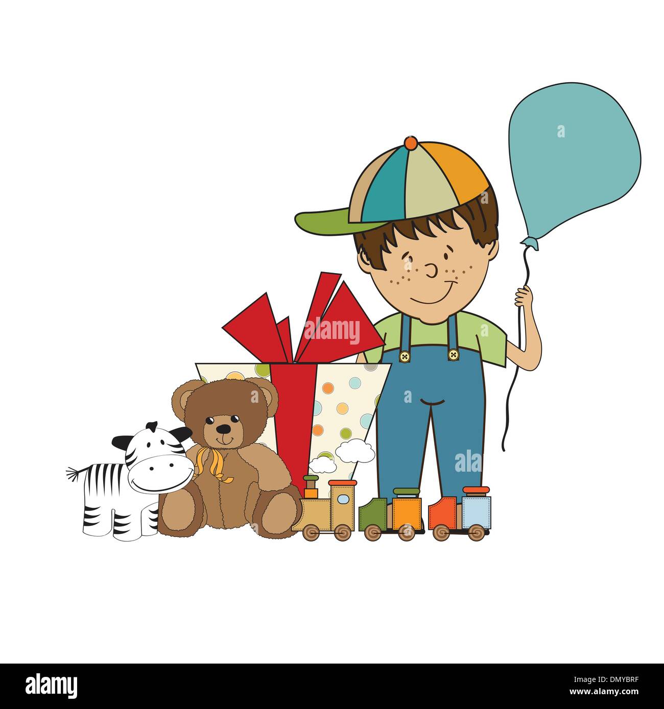 birthday greeting card with little boy and presents Stock Vector