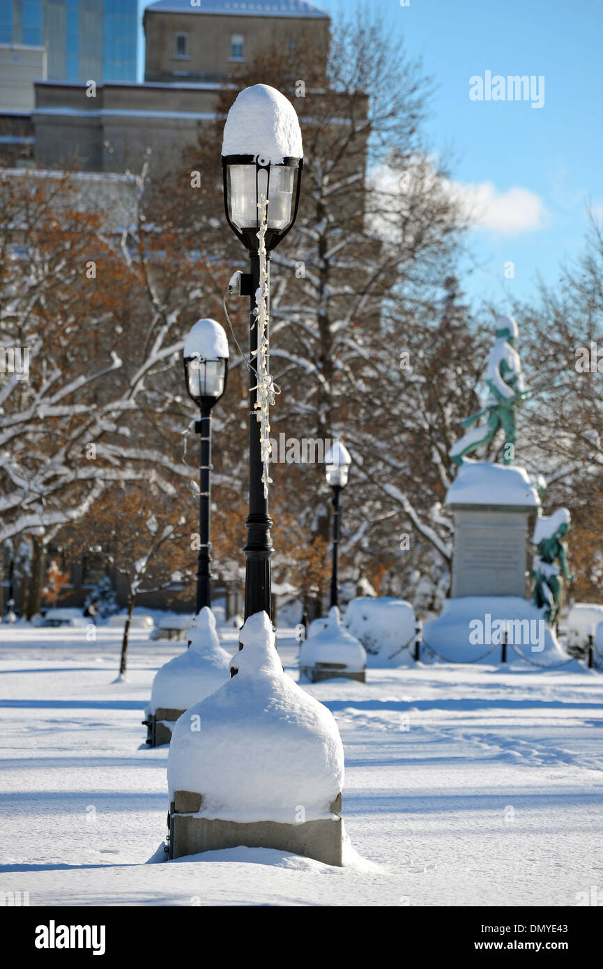 Snow covered lampposts in a Canadian park. Stock Photo