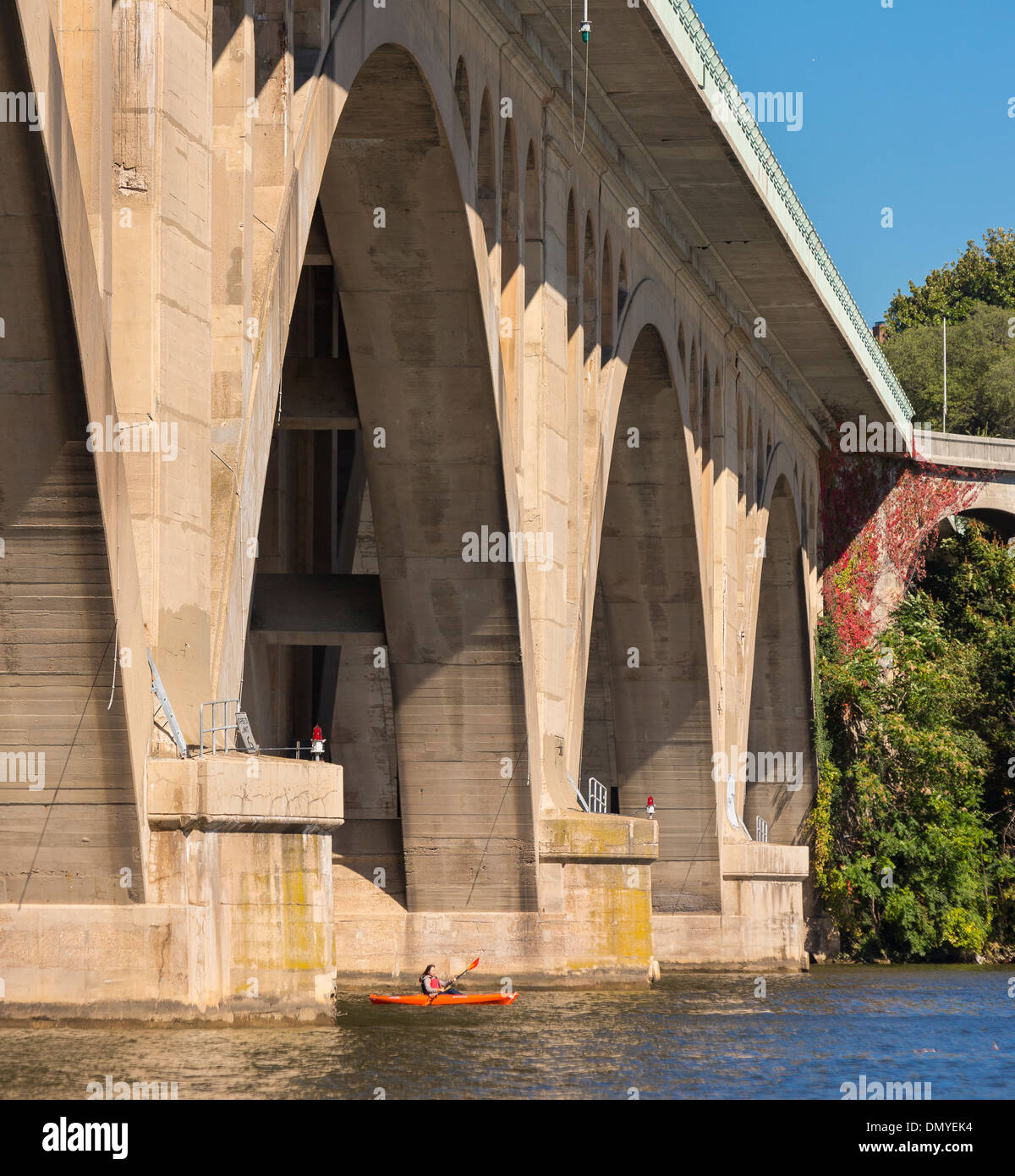 WASHINGTON, DC, USA Key Bridge and kayak, on Potomac River Stock