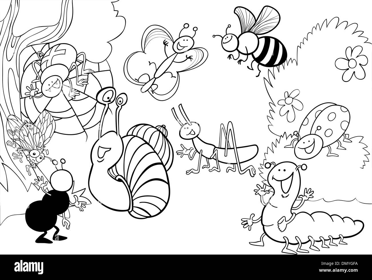 cartoon insects on the meadow for coloring Stock Vector