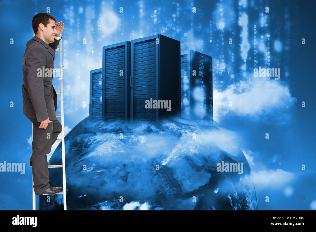 Composite image of happy businessman standing on ladder Stock Photo - Alamy