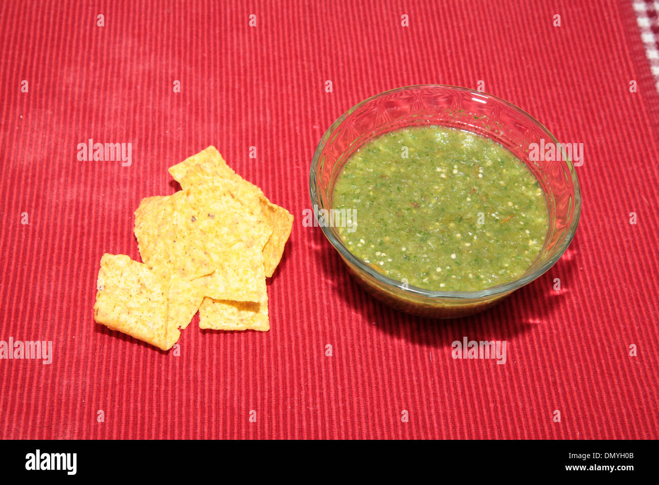 Salsa Verde with Tortilla Chips Stock Photo