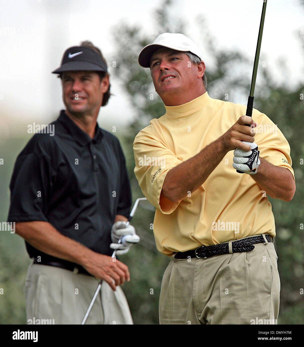 Sep 22, 2006; San Antonio, TX, USA; Paul Goydos watches his ball flight on number 17 along with playing partner Paul Azinger Friday at La Cantera during the second round of the Valero Texas Open.   Goydos shot a 63 to take the lead early in the day.  Mandatory Credit: Photo by Tom Reel/San Antonio Express-News/ZUMA Press. (©) Copyright 2006 by San Antonio Express-News Stock Photo