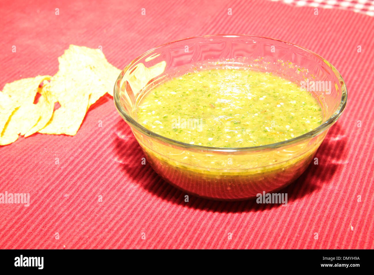 Salsa Verde with Tortilla Chips Stock Photo