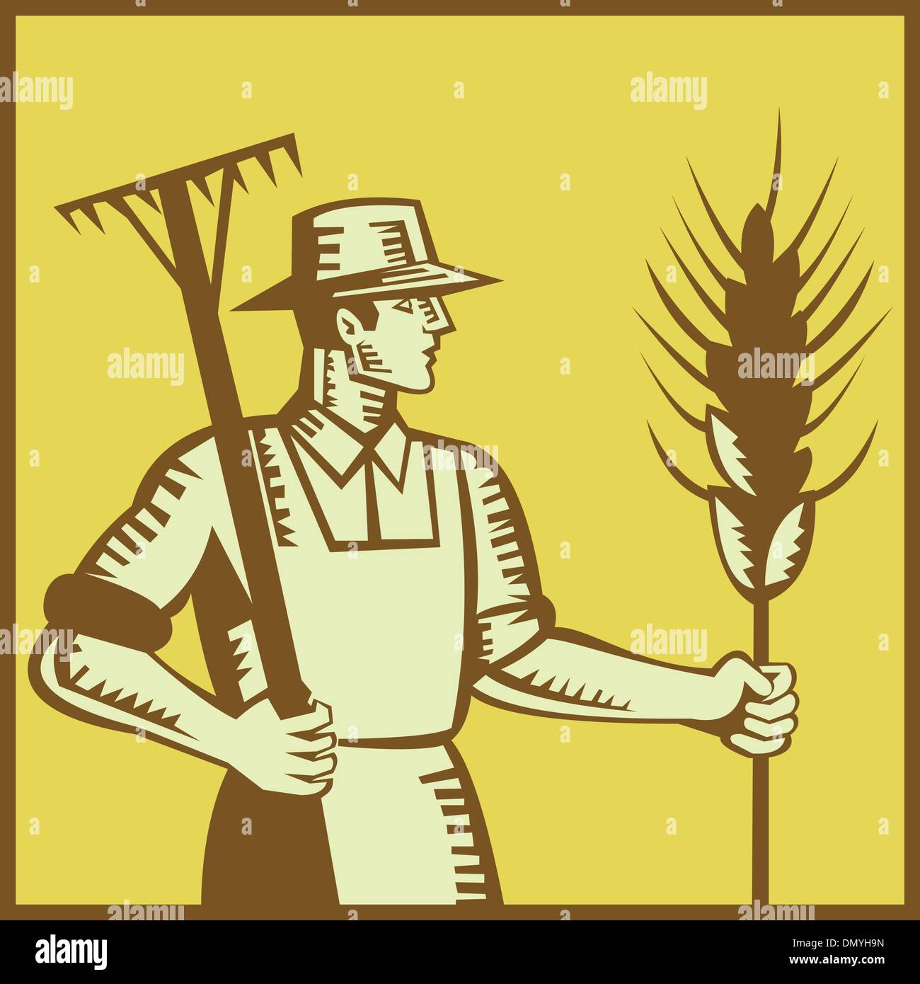 Farmer With Rake and Wheat Woodcut Stock Vector Image & Art - Alamy