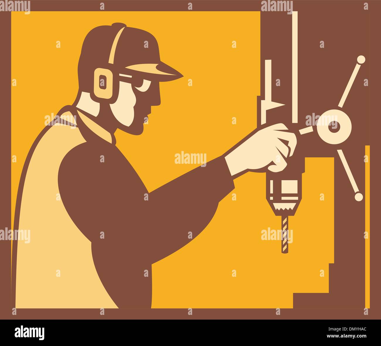 Factory Worker Operator With Drill Press Retro Stock Vector