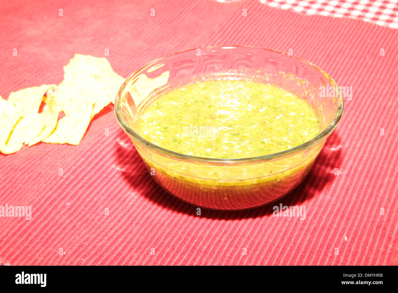 Salsa Verde with Tortilla Chips Stock Photo