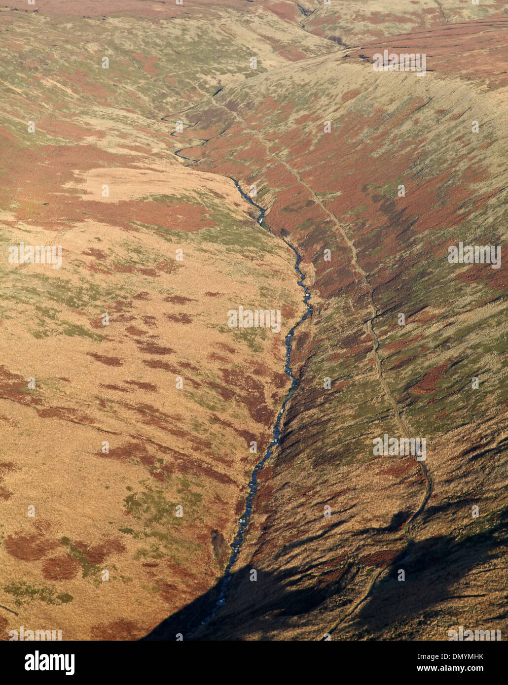 aerial view of a river valley in the Pennines Stock Photo