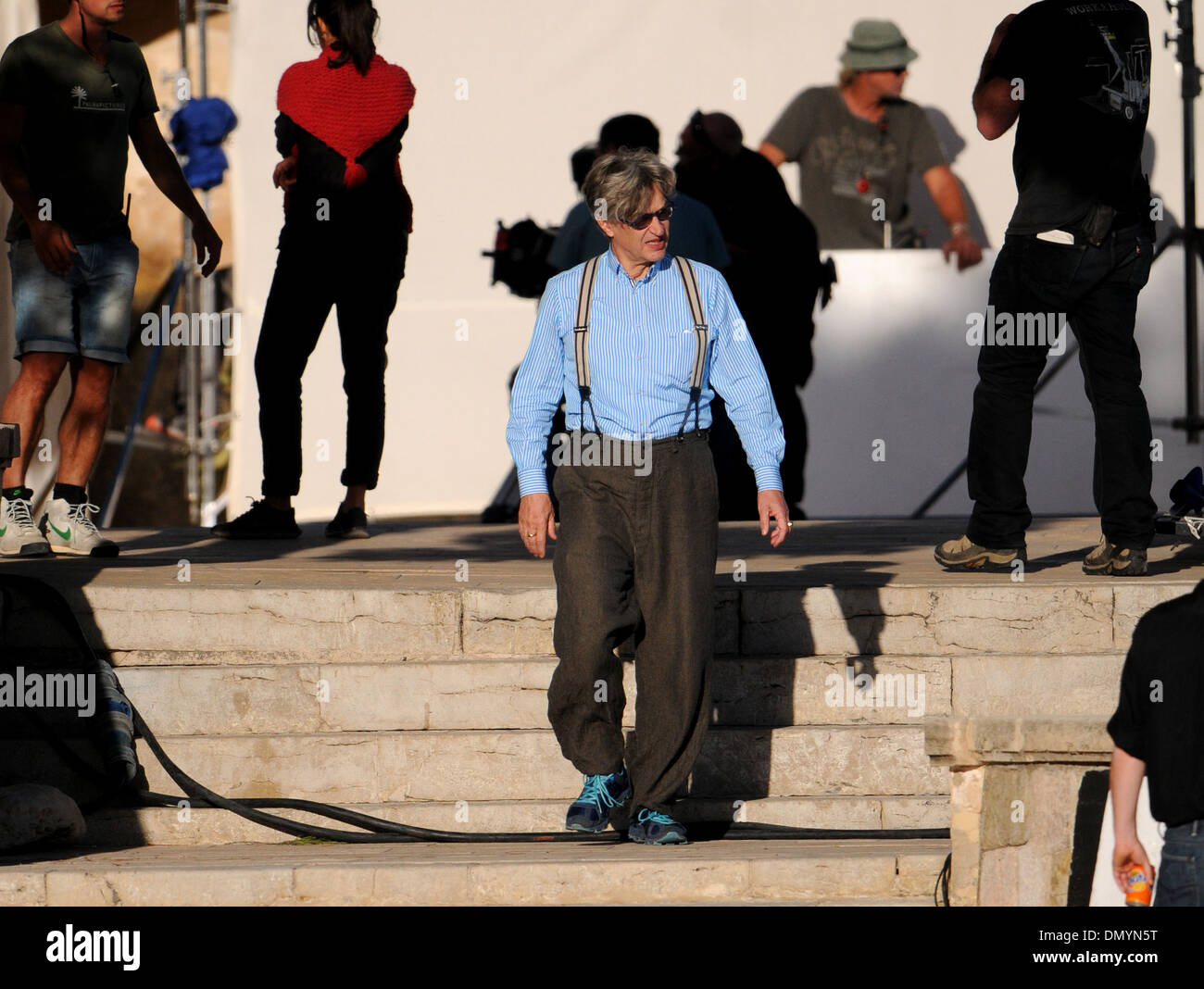 The cinema director Wim Wenders on a shoot in Mallorca, Spain. Stock Photo