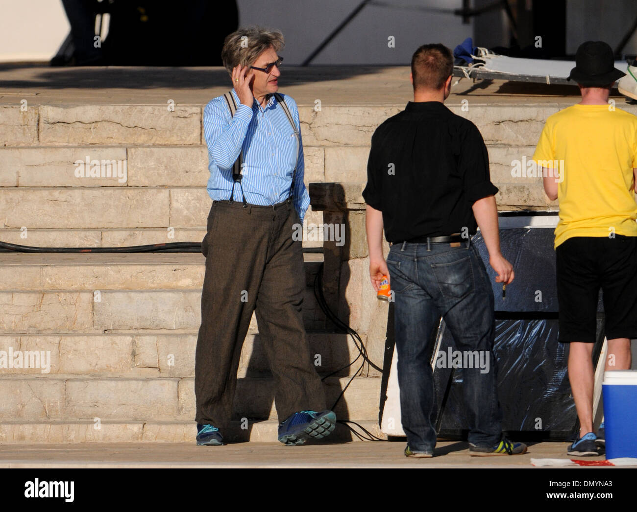 The cinema director Wim Wenders on a shoot in Mallorca, Spain. Stock Photo