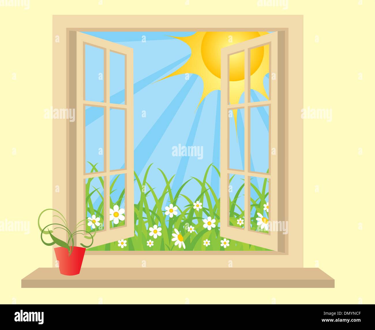 Opened plastic window in room with view to green field. vector. with room for text Stock Vector