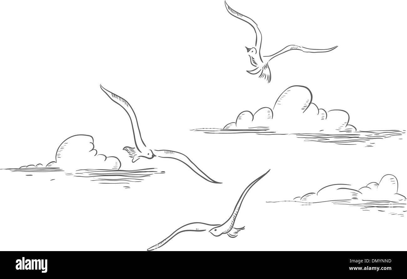 Рисунок Чайки над морем карандашом
