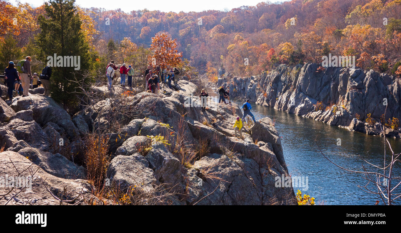 MARYLAND, USA - Hikers on Potomac River, in C&O Canal National Historic Park. Stock Photo