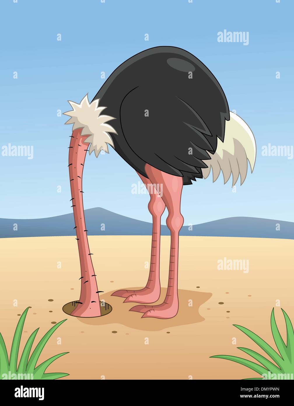 Ostrich hiding head in sand Stock Vector