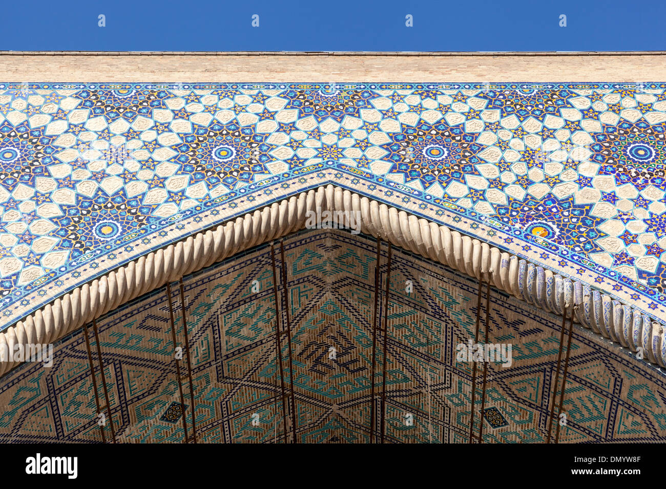 Tiled front of Ulugh Beg Madrasah, also known as Ulugbek Madrasah, Registan Square, Samarkand, Uzbekistan Stock Photo