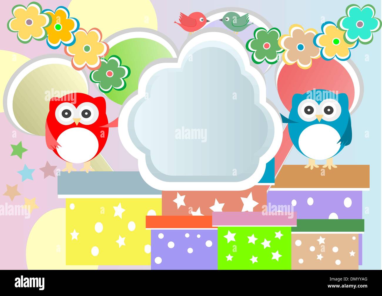 Vector birthday party card with cute owl and birds Stock Vector Image ...