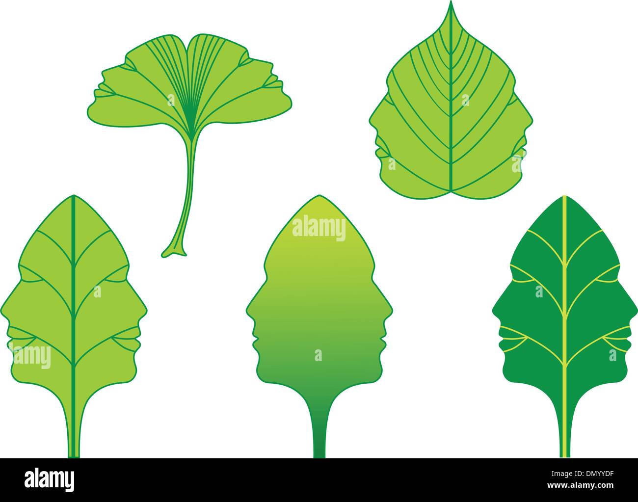 green leaves with faces, vector set Stock Vector